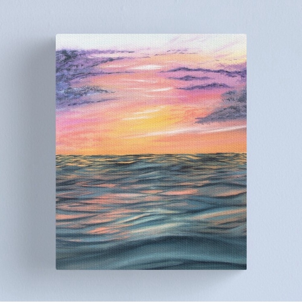 Original oil painting art 8x10 canvas / purple and pink ocean sunset